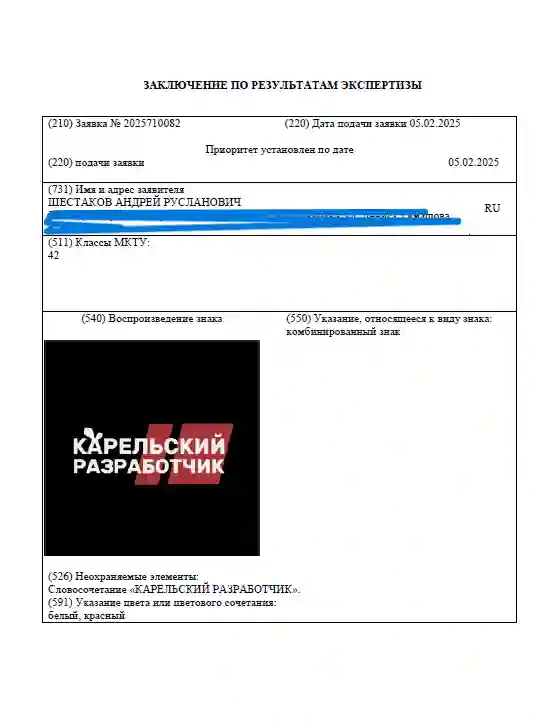 Страница с логотипом решения Роспатента о регистрации товарного знака &laquo;Карельский разработчик&raquo;